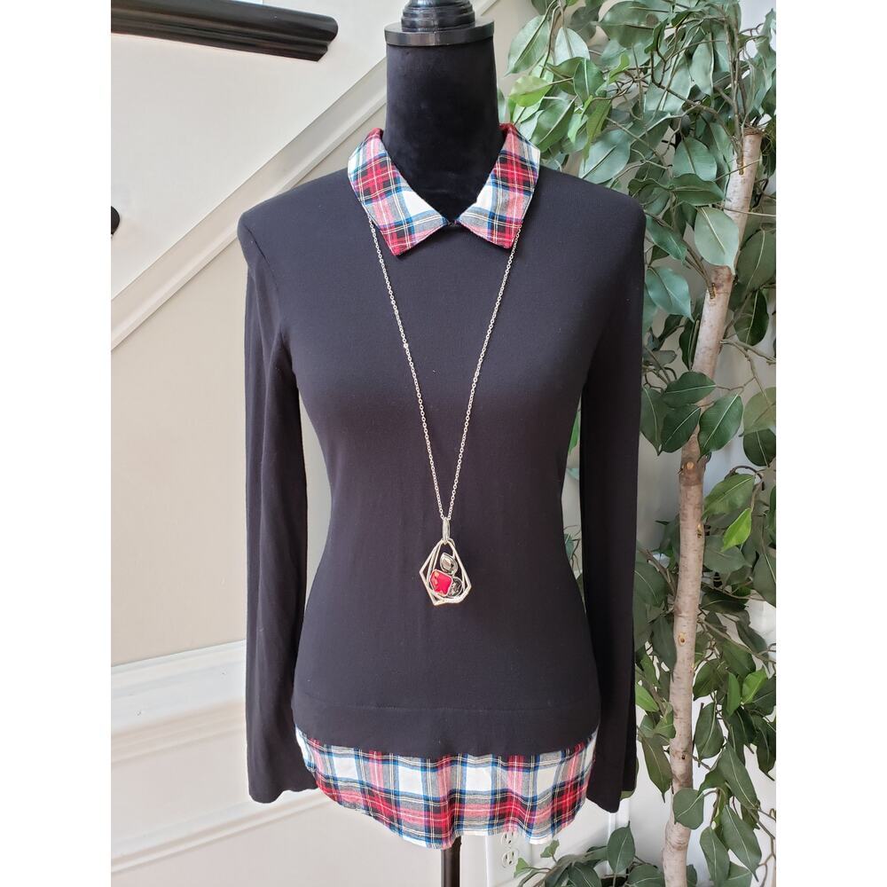 J.Crew Knit Top Blouse Women Small Black with Snowy Tartan Plaid Collar and Trim